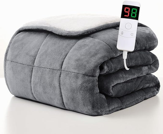 Homemate Heated Weighted Blanket for Adults - 50"x60" 10lbs Electric Throw Fast Heating Heavy Blanket 1/2/4/6/8 Hour Auto Off 10 Heat Levels Over-Heat Protection Soft Flannel Sherpa