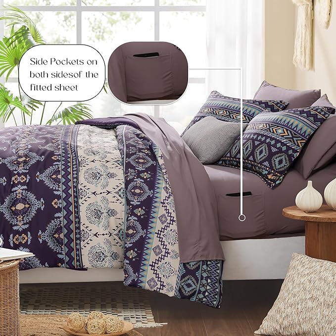 Geniospin Queen Comforter Set - 7 Pieces Bedding Set, Boho Bed in A Bag, Lightweight Soft Aztec Bedding, All Season Bed Comforter Set with Sheets, Pillowcases & Shams