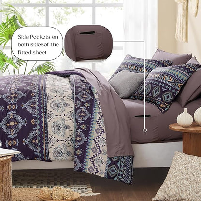Geniospin Queen Comforter Set - 7 Pieces Bedding Set, Boho Bed in A Bag, Lightweight Soft Aztec Bedding, All Season Bed Comforter Set with Sheets, Pillowcases & Shams