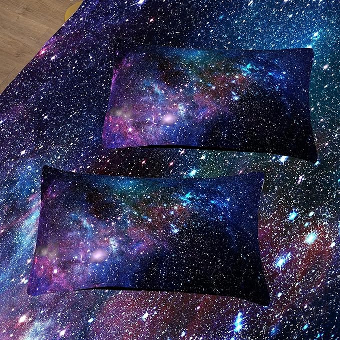 Tailor Shop Galaxy Comforter Set Universe Outer Space Blue and Purple Starry Sky Night Pattern Bedding Set for Girls Boys Kids King Size with 1 Comforter 2 Pillowcases……