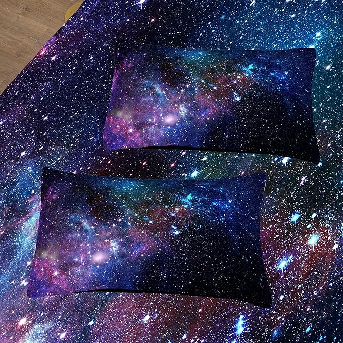 Tailor Shop Galaxy Comforter Set Universe Outer Space Blue and Purple Starry Sky Night Pattern Bedding Set for Girls Boys Kids Queen Size with 1 Comforter 2 Pillowcases……