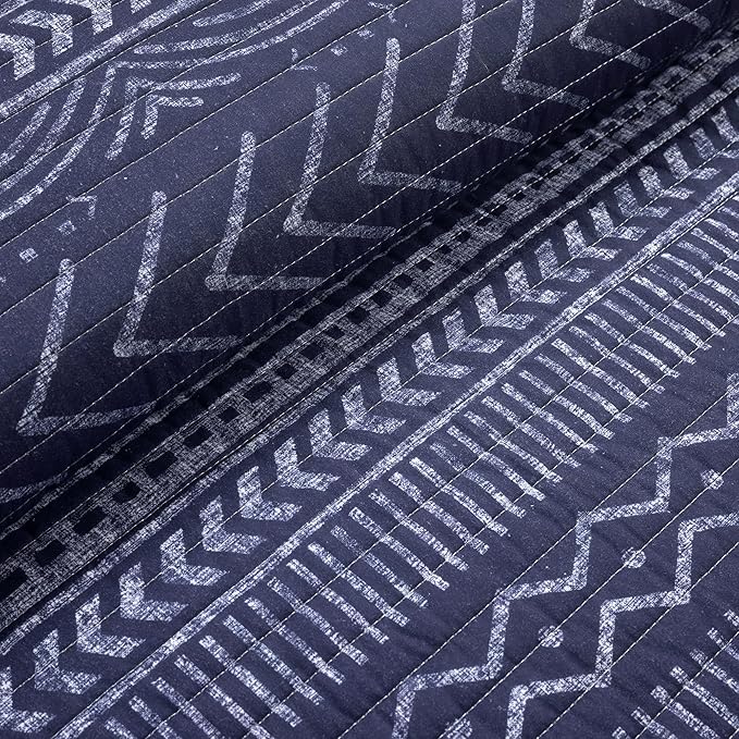 Lush Decor Hygge Geo Pattern Striped 3 Piece Quilt Bedding Set, King, Navy