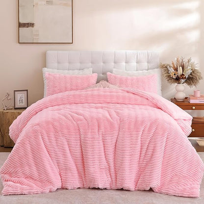 YIKUSH Full Comforter Set Fluffy Pink Full Size Bed Set Faux Rabbit Fur Fluffy Shaggy Furry Winter Bedding Ultra Soft Plush and Warm All Season 1 Comforter with 2 Pillow Cases (Full, Pink)