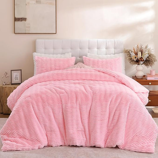 YIKUSH Full Comforter Set Fluffy Pink Full Size Bed Set Faux Rabbit Fur Fluffy Shaggy Furry Winter Bedding Ultra Soft Plush and Warm All Season 1 Comforter with 2 Pillow Cases (Full, Pink)