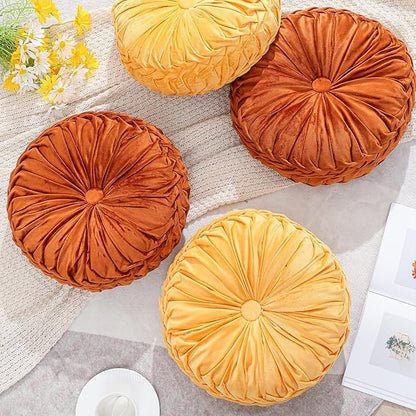4 Pcs Round Throw Pillows Decorative Velvet Pleated Throw Pillows 15'' Diameter Accent Pumpkin Boho Chair Cushion for Couch Sofa Chair Bed Home Decoration (Burnt Orange,Yellow)
