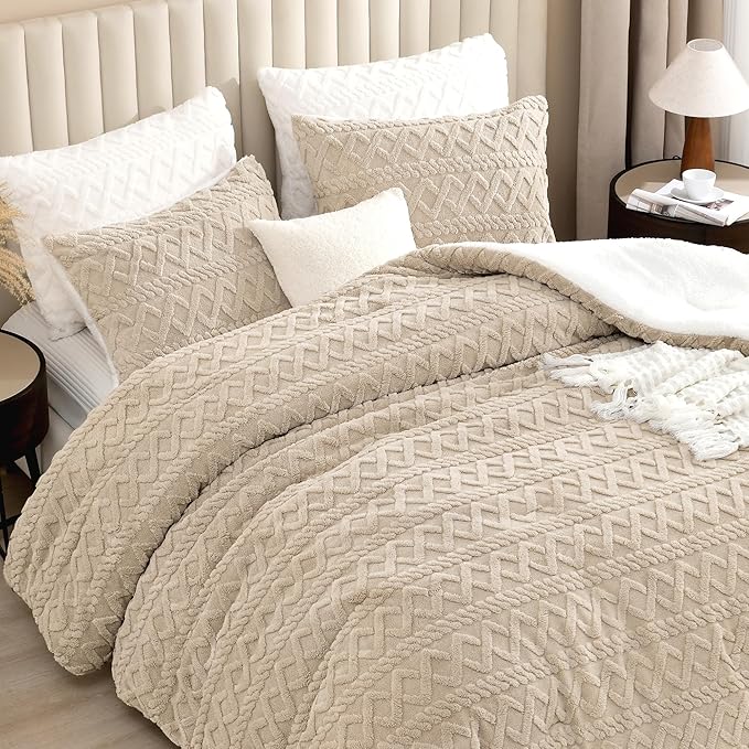 Andency Fluffy Sherpa Queen Comforter Set, Super Soft Beige Fleece Warm Bedding for Winter, Luxury Jacquard Boho Thick Fuzzy Plush Bed Set 3 Pieces(1 Shaggy Comforter, 2 Pillowcases)