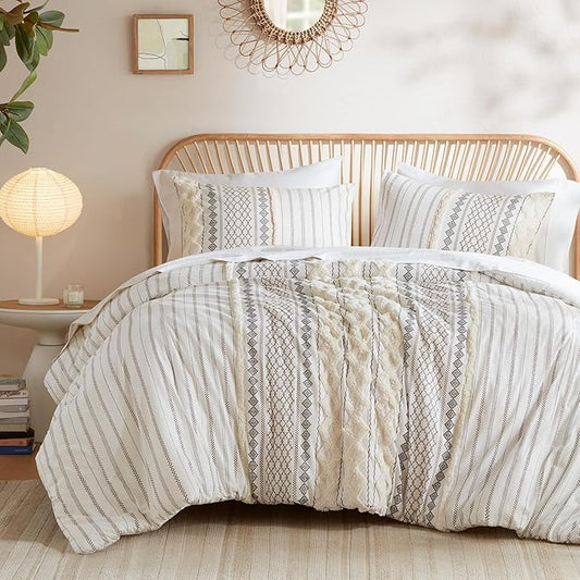 INK+IVY Imani 100% Cotton Duvet Mid Century Modern Design, All Season Comforter Cover Bedding Set, Matching Shams, King/Cal King, Ivory Chenille Tufted Accent 3 Piece