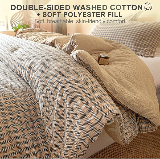 100% Cotton Comforter Set Twin Size – Reversible Yarn-Dyed Checkered Design, Soft Washed Cotton on Both Sides, Lightweight All-Season Bedding, Machine Washable(Beige Plaid, 68”x90”)