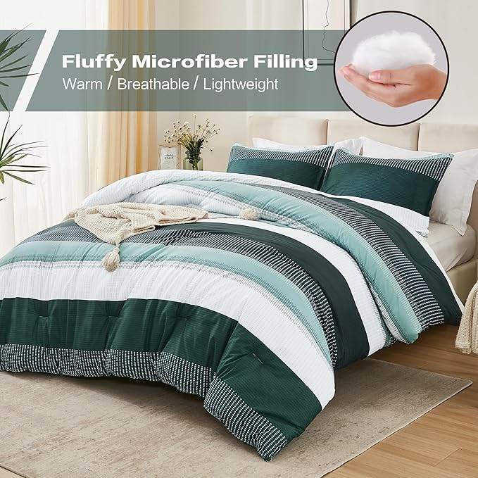 Litanika Dark Emerald Green Bed Comforter Queen Set, 3 Pieces Forest Bedding Set, Double Colorblock Stripe Vintage Bed Set (90x90Comforter, 2 Pillowcases)