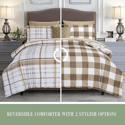 Elegant Comfort 8-Piece Lodge Plaid Reversible Comforter Set - All Season Bed in a Bag, 4-Piece Sheet Set Featuring Smart Pockets, Matching Shams and Decorative Pillow, Twin/Twin XL, Taupe