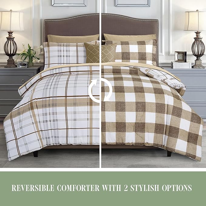 Elegant Comfort 8-Piece Lodge Plaid Reversible Comforter Set - All Season Bed in a Bag, 4-Piece Sheet Set Featuring Smart Pockets, Matching Shams and Decorative Pillow, Full/Queen, Taupe