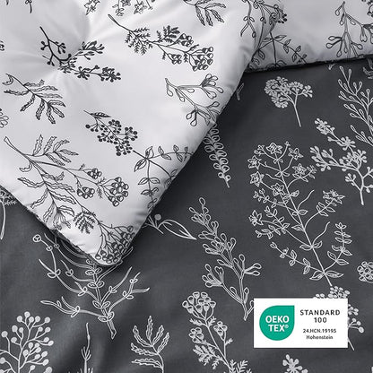 Bedsure Queen Comforter Set - Dark Grey Bed Set, 3 Pieces Cute Floral Bedding, 1 Soft Reversible Botanical Flowers Comforter and 2 Pillow Shams