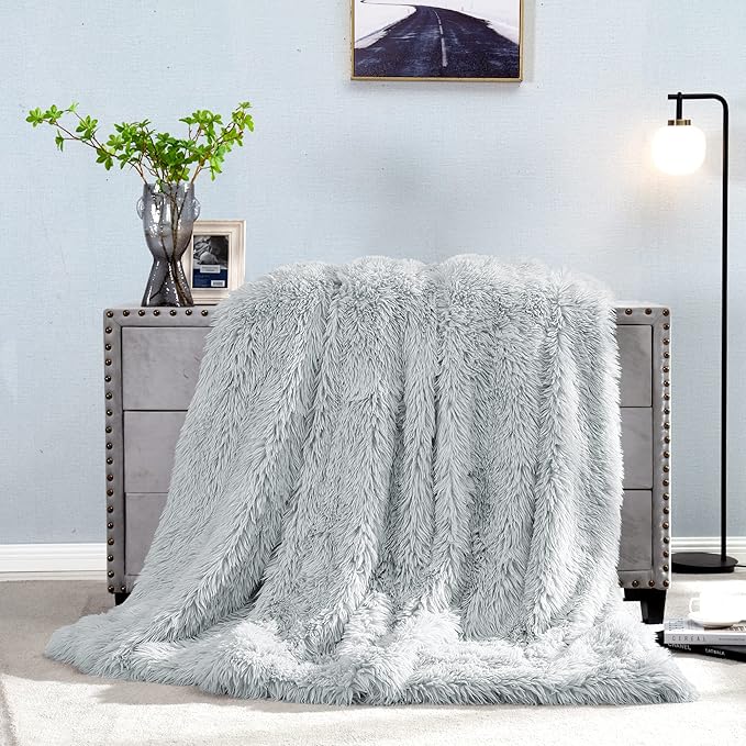 JONIYEAR Oversized Decorative Fluffy Faux Fur Throw Blanket Twin Size 60" x 71",Soft Large Luxury Lightweight Furry Blanket, Accent Cozy Shaggy Plush Thick Warm Fuzzy Blankets for Winter Bed Sofa,Grey
