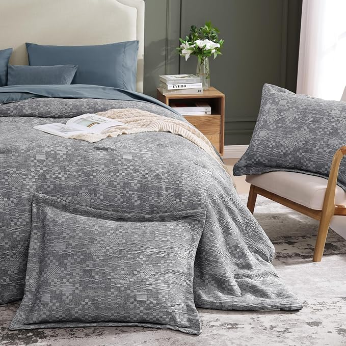 MaiRêve King Comforter Set Navy Blue, Crinkle Textured Design Bedding Set 7 Pieces Bed in A Bag, All Season Farmhouse Comforter Set with Sheets, Pillowcases & Shams