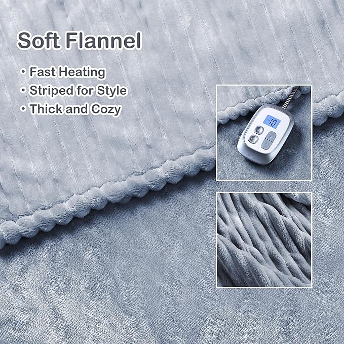 Electric Heated Blanket Full Size 72"x84",Fast Heating Throw, Soft Striped Flannel for Bed & Couch, 1-12 Hours Auto Off & 12 Heating Levels, Machine Washable, Gifts for Family-Light Gray