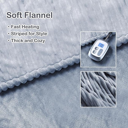 Electric Heated Blanket Full Size 72"x84",Fast Heating Throw, Soft Striped Flannel for Bed & Couch, 1-12 Hours Auto Off & 12 Heating Levels, Machine Washable, Gifts for Family-Light Gray