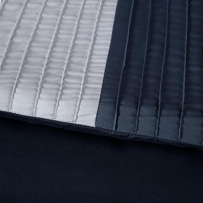 Chezmoi Collection Briar 7-Piece Full Bed in a Bag - All Season Lightweight Microfiber Comforter Set - Includes Sheets & Shams - Navy/Blue/Gray Pleated Stripe Design