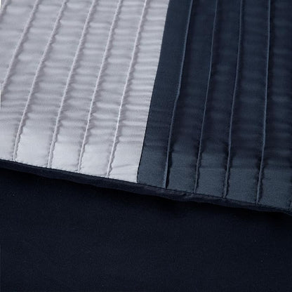 Chezmoi Collection Briar 7-Piece California King Bed in a Bag - All Season Lightweight Microfiber Comforter Set - Includes Sheets & Shams - Navy/Blue/Gray Pleated Stripe Design