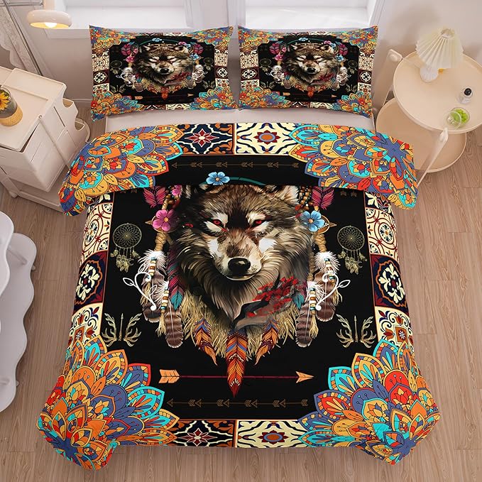 Tailor Shop Wolf Bedding Set for Boys Kids Bohemian Comforter Sets King Size Wildlife Hunting Wolf Bed Set with 2 Pillowcases…