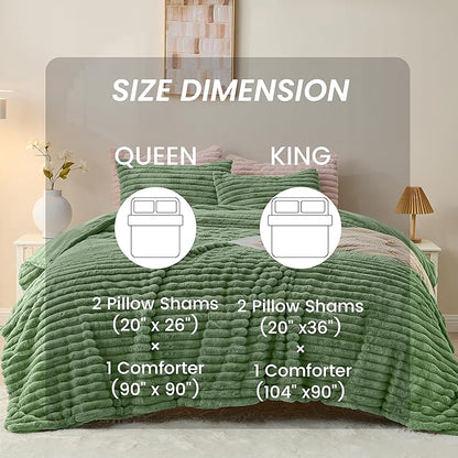 Simple&Opulence Fluffy Faux Fur Comforter Set, Plush Fuzzy Minky Bedding Set, 3 Pieces Warm Soft Comforter Bedding Set for Winter - 1 Shaggy Comforter with 2 Pillow Shams(Queen, Striped - Green)