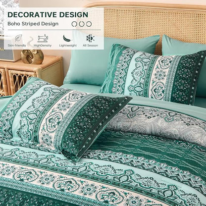 Cottolester Boho Comforter Set Queen Size,8 Pieces Teal Green Bohemian Striped Bed in a Bag,Paisley Soft Microfiber Bedding Comforter Set