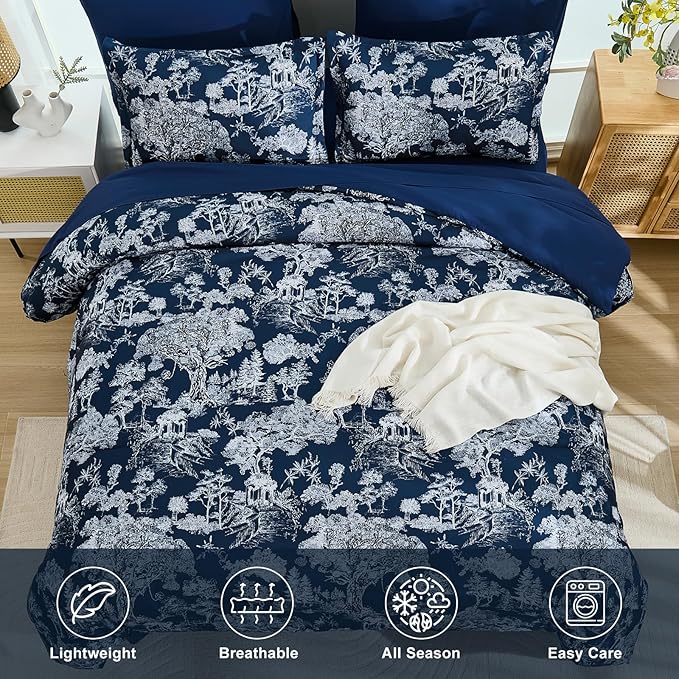 DJY Queen Size Comforter Sets, 7 Pieces Bed in a Bag Queen Navy Blue Botanical Comforter Set with Sheets, White Elegant Plants Print Soft Microfiber Reversible Complete Bedding Sets for All Season