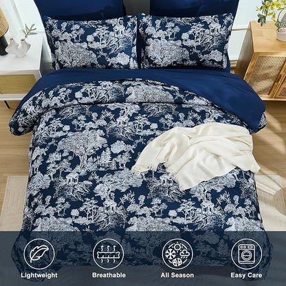 DJY Queen Size Comforter Sets, 7 Pieces Bed in a Bag Queen Navy Blue Botanical Comforter Set with Sheets, White Elegant Plants Print Soft Microfiber Reversible Complete Bedding Sets for All Season