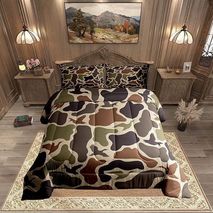 Erosebridal Hunting Duck Hunter Bedding Set Queen Camo Birds Comforter Set Army Green Ducks Comforter for Men Camouflage Military Duvet Insert Boys Wild Woodland Pillowcases Rustic Room Decor