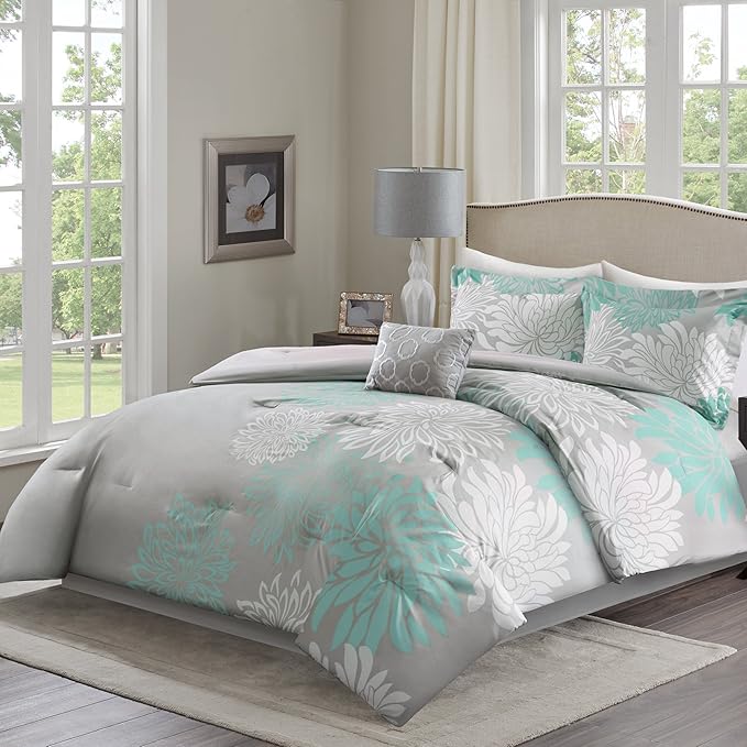 Comfort Spaces Enya Comforter Set-Modern Floral Design All Season Down Alternative Bedding, Matching Shams, Bedskirt, Decorative Pillows, Queen(90"x90"), Aqua
