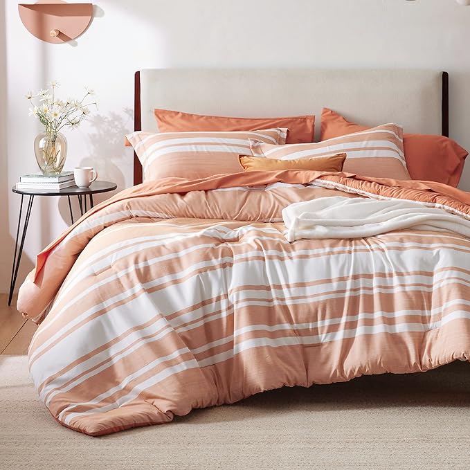 Bedsure California King Comforter Set 7 Pieces, Burnt Orange Striped Bedding Set for All Seasons, Reversible, Cationic Dyeing Bed in a Bag with Comforter, Sheets, Pillowcases & Shams