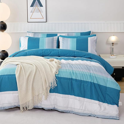 RYNGHIPY 8 Pieces Teal Grey Queen Bed Comforter Sets, Soft All Season Boys Men Women Comforter Bedding Set, Turquoise Stripe Colorblock Bed in a Bag Lightweight Fluffy (Queen,Teal Grey)
