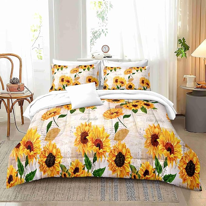Watercolor Sunflower Comforter Set with 2 Pillowcases Queen Size Spring Floral Quilt Bedding Set with 1 Comforter and 2 Pillow Covers for Bedroom Dormroom All Season