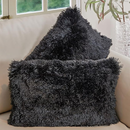 Cheer Collection Throw Pillows for Couch and Bed, Soft Shaggy Throw Pillows with Inserts Included, Cozy Long Hair Faux Fur Pillows - Set of 2-12" x 20" - Black
