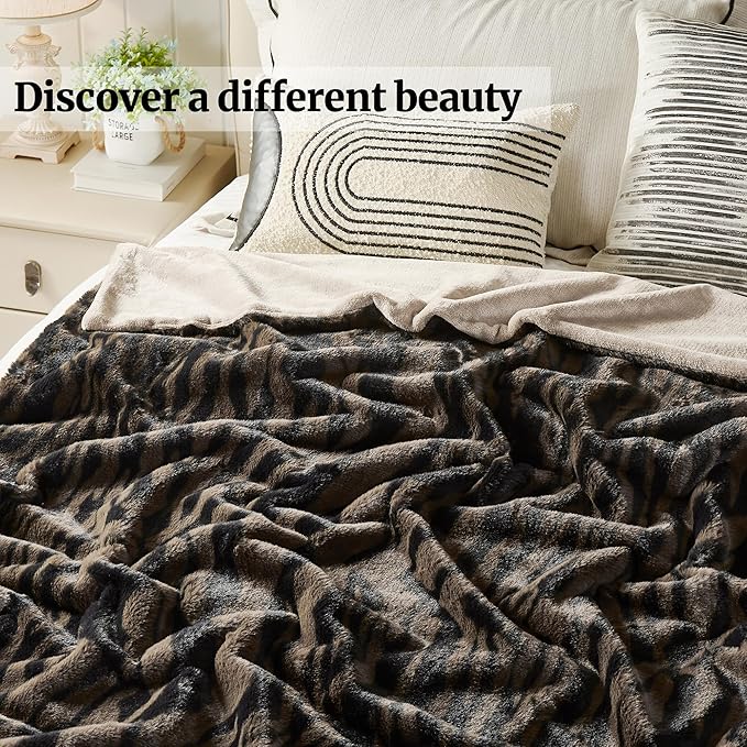 JONIYEAR Soft Fluffy Tiger Print Faux Rabbit Fur Throw Blanket 50" x 60",Luxury Decorative Cozy Shaggy Fuzzy Blankets,Reversible Cute Warm Animal Printed Blanket for Women Winter,Washable,Brown Coffee