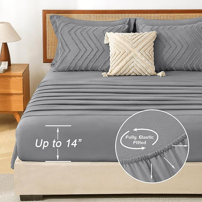 Litanika Queen Size Comforter Set with Sheets Medium Gray - 7 Pieces Bed in a Bag Queen Chevron Tufted Complete Bedding Sets with Comforter, Sheets, Pillowcases & Shams