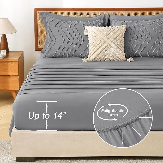 Litanika King Size Comforter Set with Sheets Medium Gray - 7 Pieces Bed in a Bag King Chevron Tufted Complete Bedding Sets with Comforter, Sheets, Pillowcases & Shams