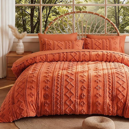 MR&HM Full Size Bed Sheets and Comforter Set Terracotta, 7 Pieces Tufted Boho Beddding Sets, Farmhouse Bed in a Bag with 1 Comforter, 2 Pillow Shams, 2 Pillowcases, 1 Flat Sheet, 1 Fitted Sheet