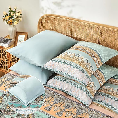 Boho Comforter Set King Size Sage Green - 7 Pieces Bohemian Floral Striped Comforter and Sheet Set, Soft Bed in a Bag Complete Bedding Sets King Size for All Season (Sage Green,King)