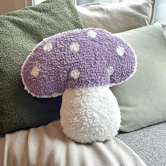 Mushroom Throw Pillow Tufted Decorative Cushion 15” x 15” – Decor for Bed, Couch, Living Room (Purple)