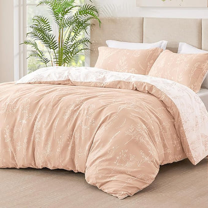 Love's cabin Pink Queen Comforter Set - Queen Size Comforter Set, 3 Pieces Cute Floral Bedding Sets for All Seasons,1 Soft Reversible Botanical Flowers Comforter and 2 Pillow Shams