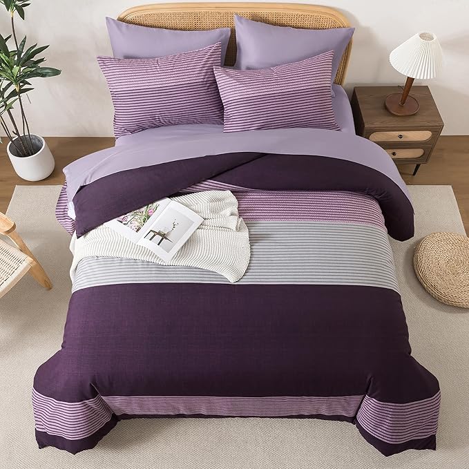 Andency King Size Comforter Set Purple - 7 Pieces Striped Lightweight Bed in a Bag, Soft Microfiber Reversible Bedding Set with Comforter, Fitted & Flat Sheet, Pillowcases & Shams
