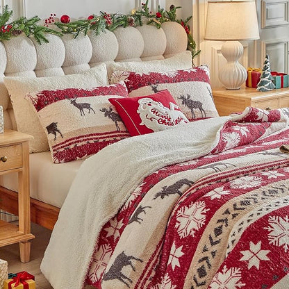 Christmas Sherpa Comforter Set King Size 3 Pieces Red Stripes Cream Snowflake Deer Holiday Winter Bedding Microfiber Warm Fleece Comforter with 2 Pillow Shams - Thanksgiving New Year Gift Choice