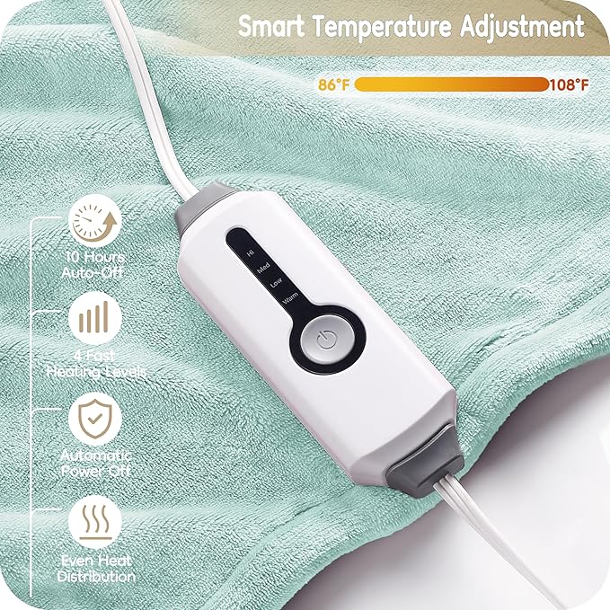 Electric Heated Blanket Full Size 72"×84", Breathable & Luxurious Flannel, Soft Warm Gift with Over-Heat Protection, 4 Heating Levels & 10 H Auto Shut Off, Machine Washable, Lighg Green
