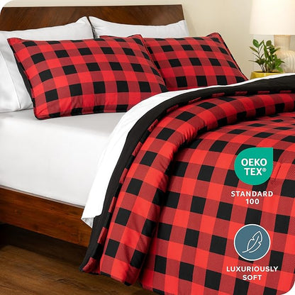 Bare Home Comforter Set - Full Size - Ultra-Soft - Goose Down Alternative - Premium 1800 Series - All Season Warmth Comforter (Full, Buffalo Plaid - Red/Black/Black)