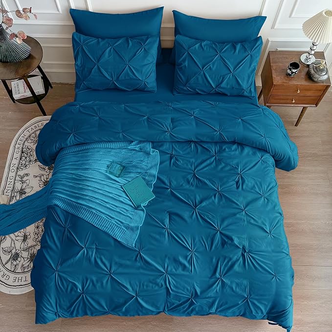 Maple&Stone Queen Teal Comforter Set 7 Pieces Pinch Pleat Bed in A Bag, Flat Sheet, Fitted Sheet, Pillowcases, Pillow Shams, Comforter