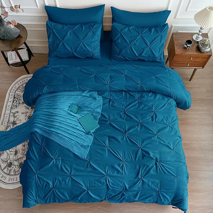 Maple&Stone Queen Teal Comforter Set 7 Pieces Pinch Pleat Bed in A Bag, Flat Sheet, Fitted Sheet, Pillowcases, Pillow Shams, Comforter