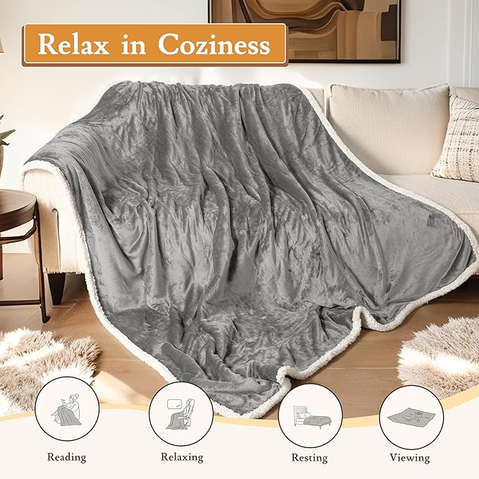 Electric Heated Blanket 62"x84" Twin Size Flannel & Sherpa - 4 Heat Settings & 10H Auto Shut Off for Safe Overnight Use, Fast Heating, Machine Washable for Bed, Couch, Office - Light Gray