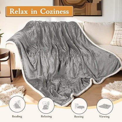Electric Heated Blanket 62"x84" Twin Size Flannel & Sherpa - 4 Heat Settings & 10H Auto Shut Off for Safe Overnight Use, Fast Heating, Machine Washable for Bed, Couch, Office - Light Gray