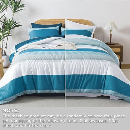 Andency King Size Comforter Set Teal - 7 Pieces Striped Lightweight Bed in a Bag, Soft Microfiber Reversible Bedding Set with Comforter, Fitted & Flat Sheet, Pillowcases & Shams