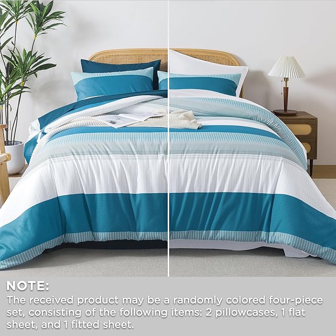 Andency Full Size Comforter Set Teal - 7 Pieces Striped Lightweight Bed in a Bag, Soft Microfiber Reversible Bedding Set with Comforter, Fitted & Flat Sheet, Pillowcases & Shams